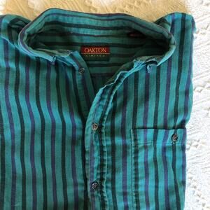 Oakton Limited Striped‎ Button Down Shirt XL Tall Long Teal Purple 90s Portugal